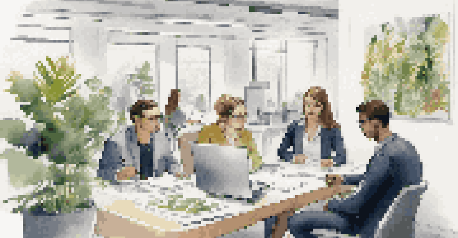 A young intern in a modern office taking notes during a meeting with colleagues.