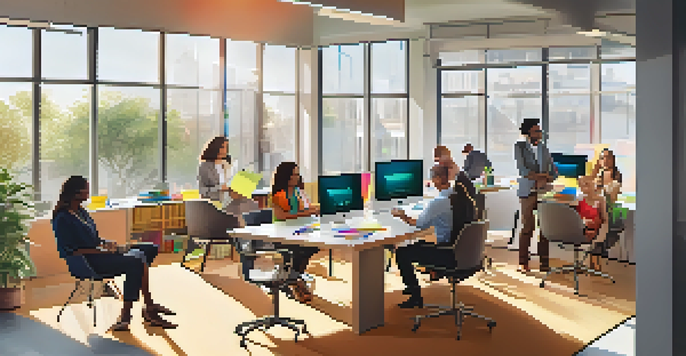 A diverse group of professionals collaborating in a bright office setting, surrounded by colorful post-it notes and digital devices.