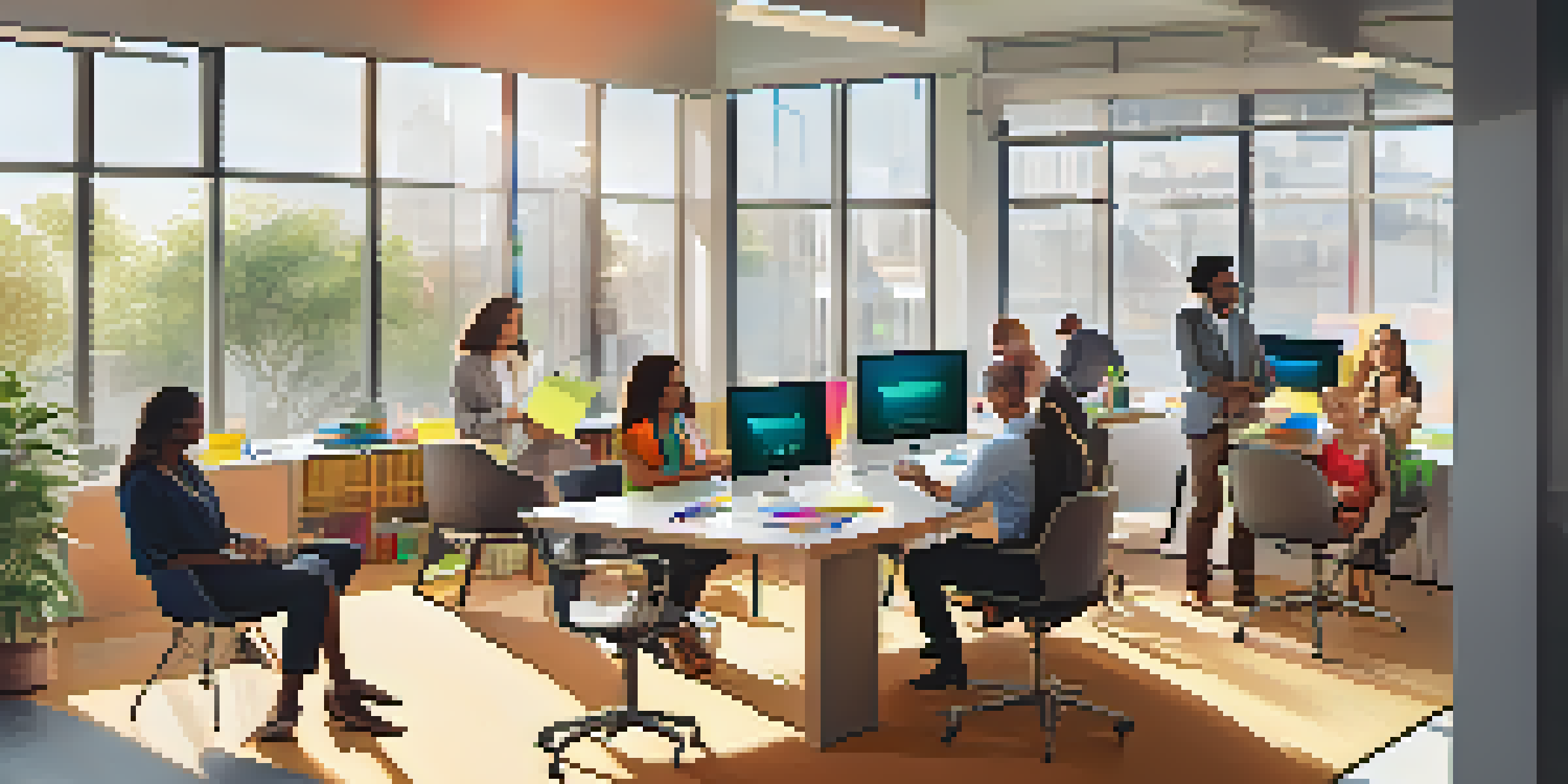 A diverse group of professionals collaborating in a bright office setting, surrounded by colorful post-it notes and digital devices.