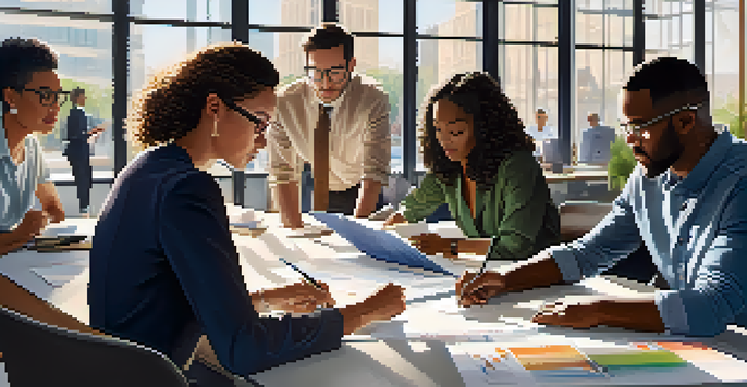A diverse group of professionals in a modern office, collaborating on a project around a table filled with laptops and papers, with sunlight coming through large windows.
