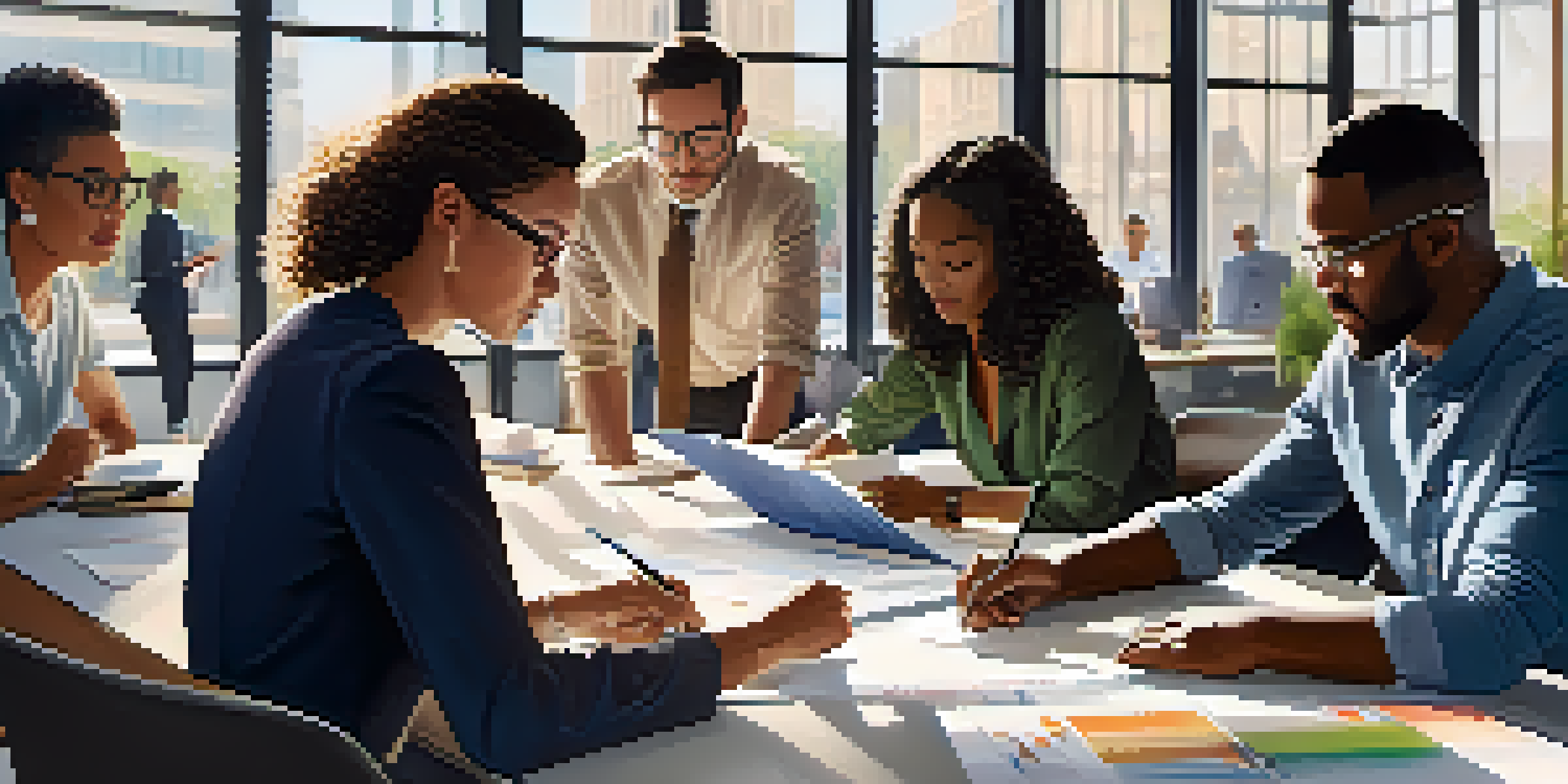 A diverse group of professionals in a modern office, collaborating on a project around a table filled with laptops and papers, with sunlight coming through large windows.