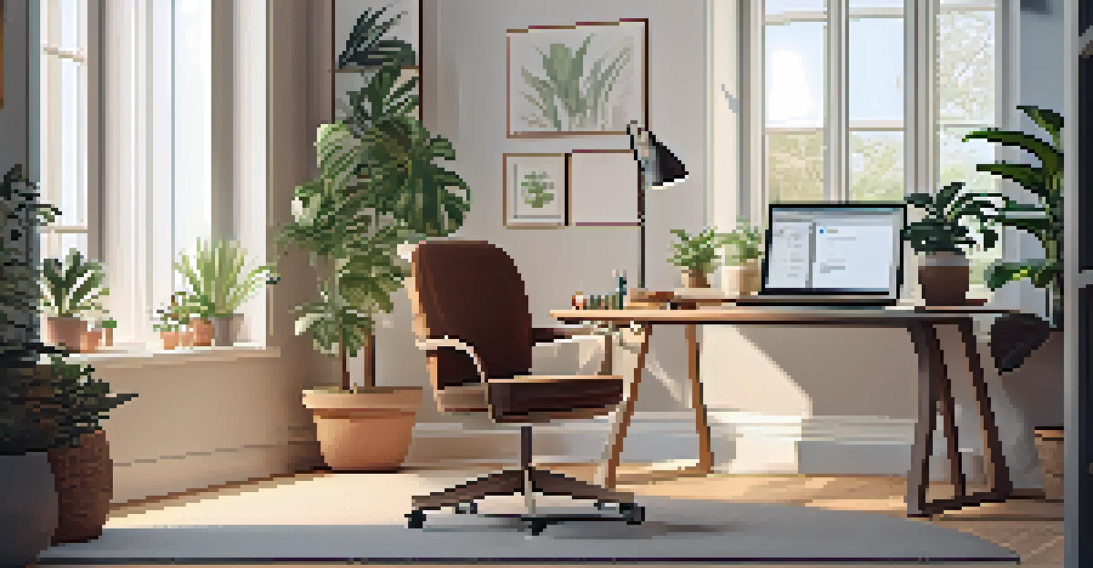 A peaceful home office setup with a desk, laptop, and plants.