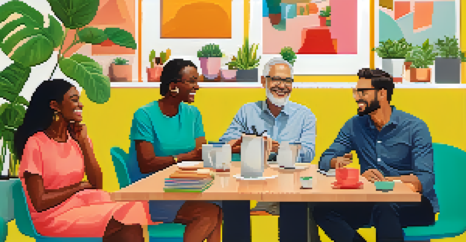 Diverse colleagues sharing a coffee break in a colorful break room, smiling and chatting together.
