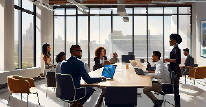 A diverse group of professionals collaborating around a table in a modern office, with natural light streaming through large windows.