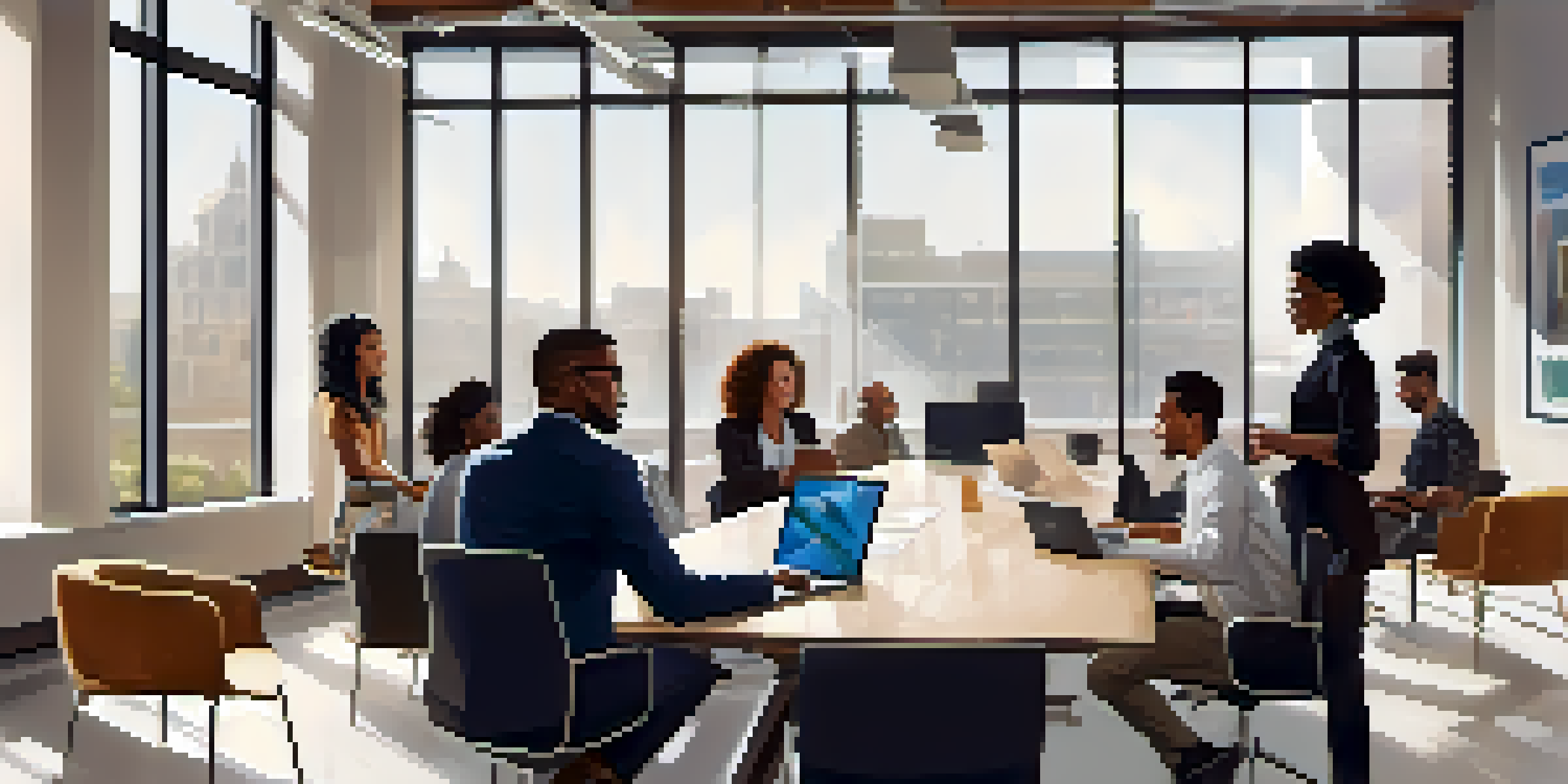A diverse group of professionals collaborating around a table in a modern office, with natural light streaming through large windows.