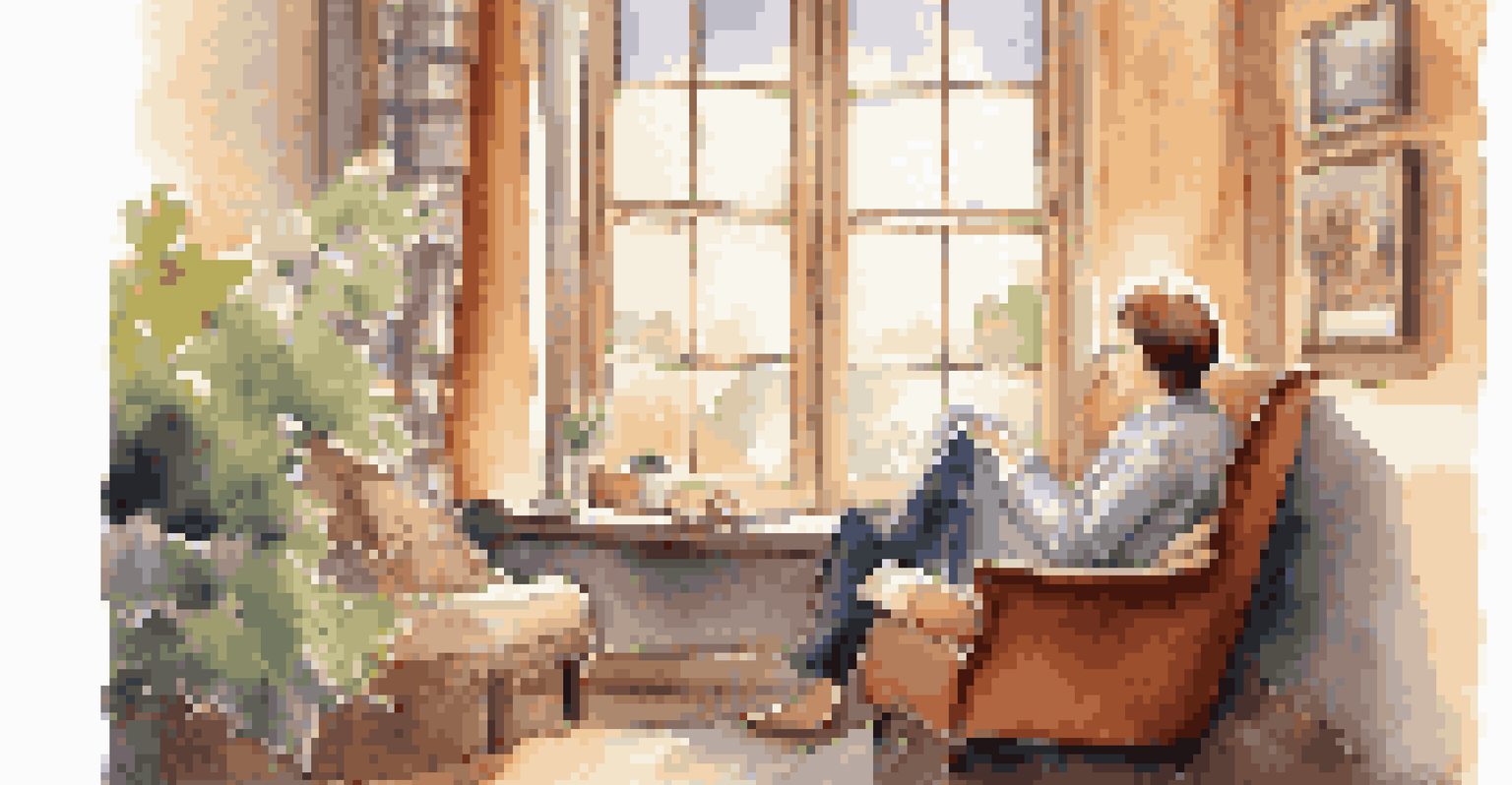 A person relaxing in a cozy chair with tea, looking out of a window in a softly lit room filled with cushions.
