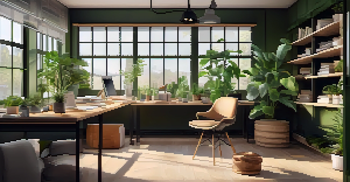 A person journaling in a bright office space with plants and motivational quotes.