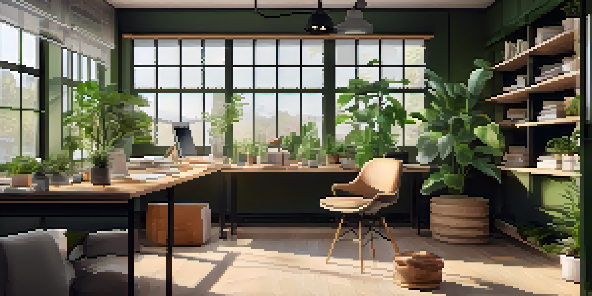 A person journaling in a bright office space with plants and motivational quotes.