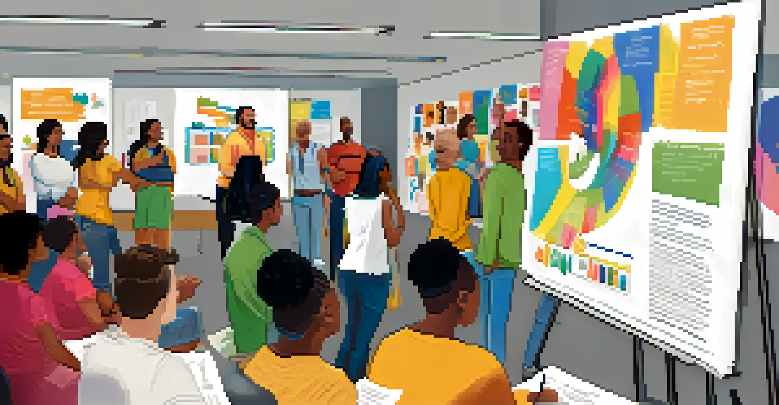 A lively diversity training workshop, with a facilitator and engaged employees discussing in small groups, surrounded by colorful posters about inclusivity.