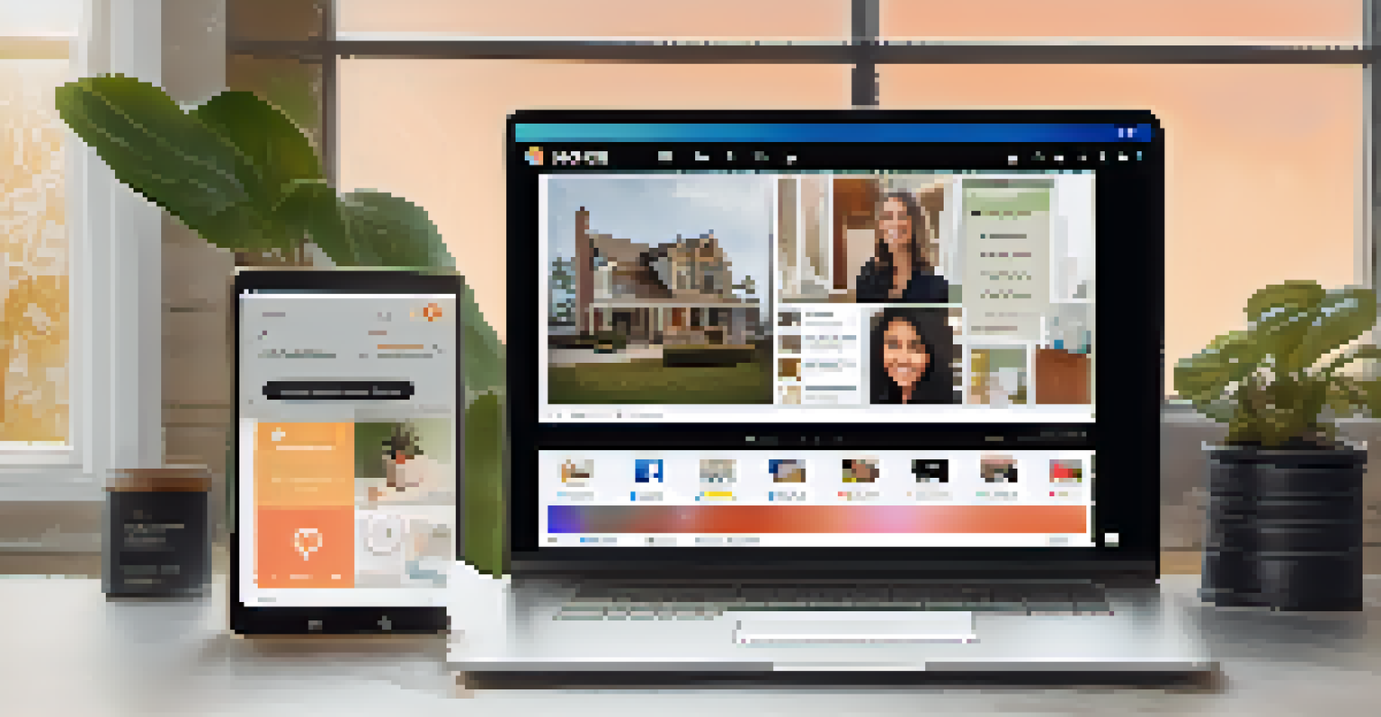 A computer screen showing a vibrant social media profile with a professional layout, including a photo, bio, and a gallery of work samples, set in a comfortable home office.