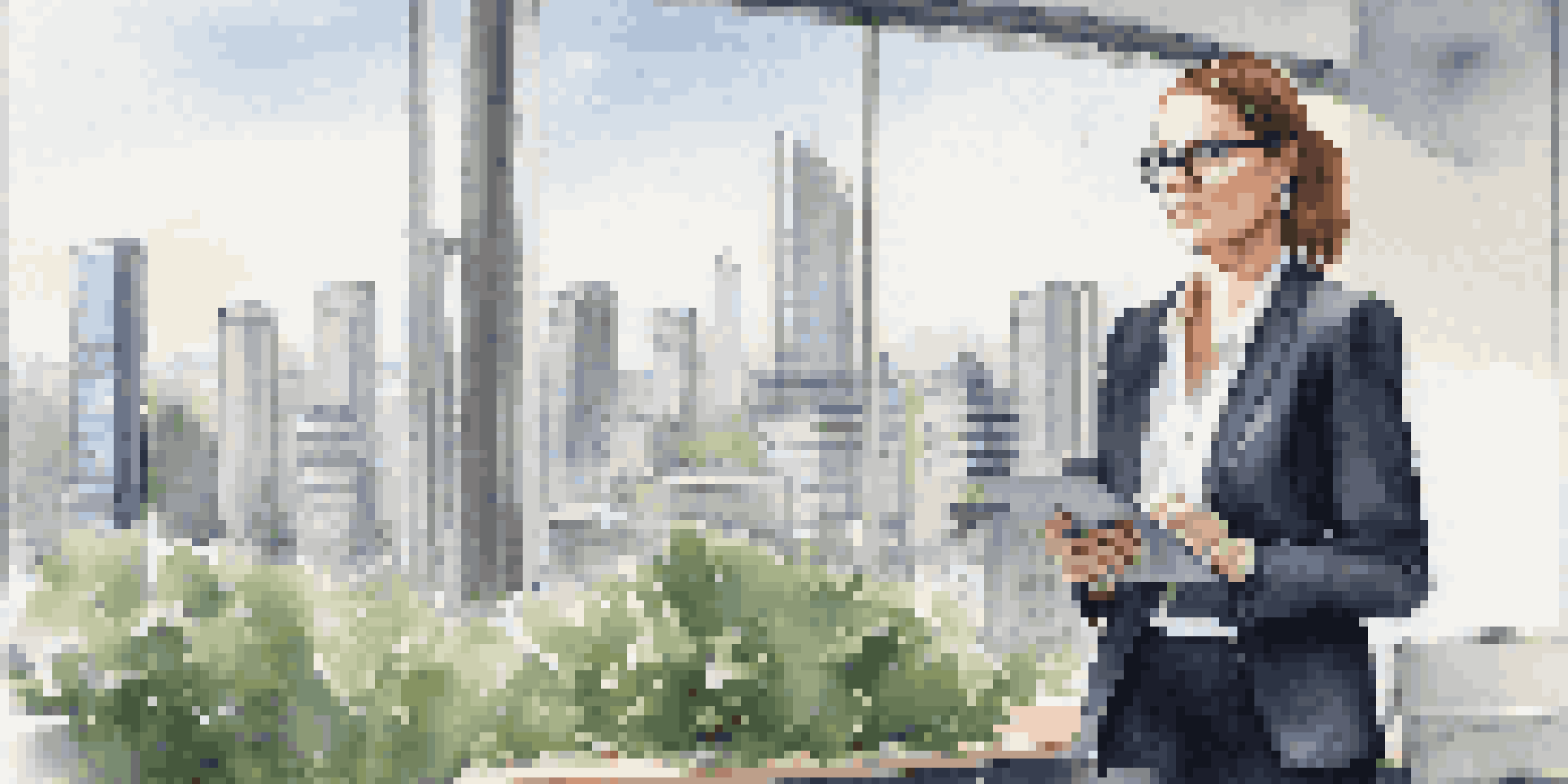A confident professional woman in business attire stands in a bright office, holding a tablet and looking towards the cityscape outside.
