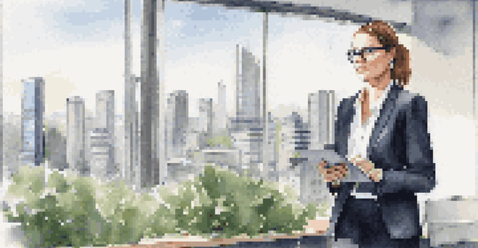A confident professional woman in business attire stands in a bright office, holding a tablet and looking towards the cityscape outside.