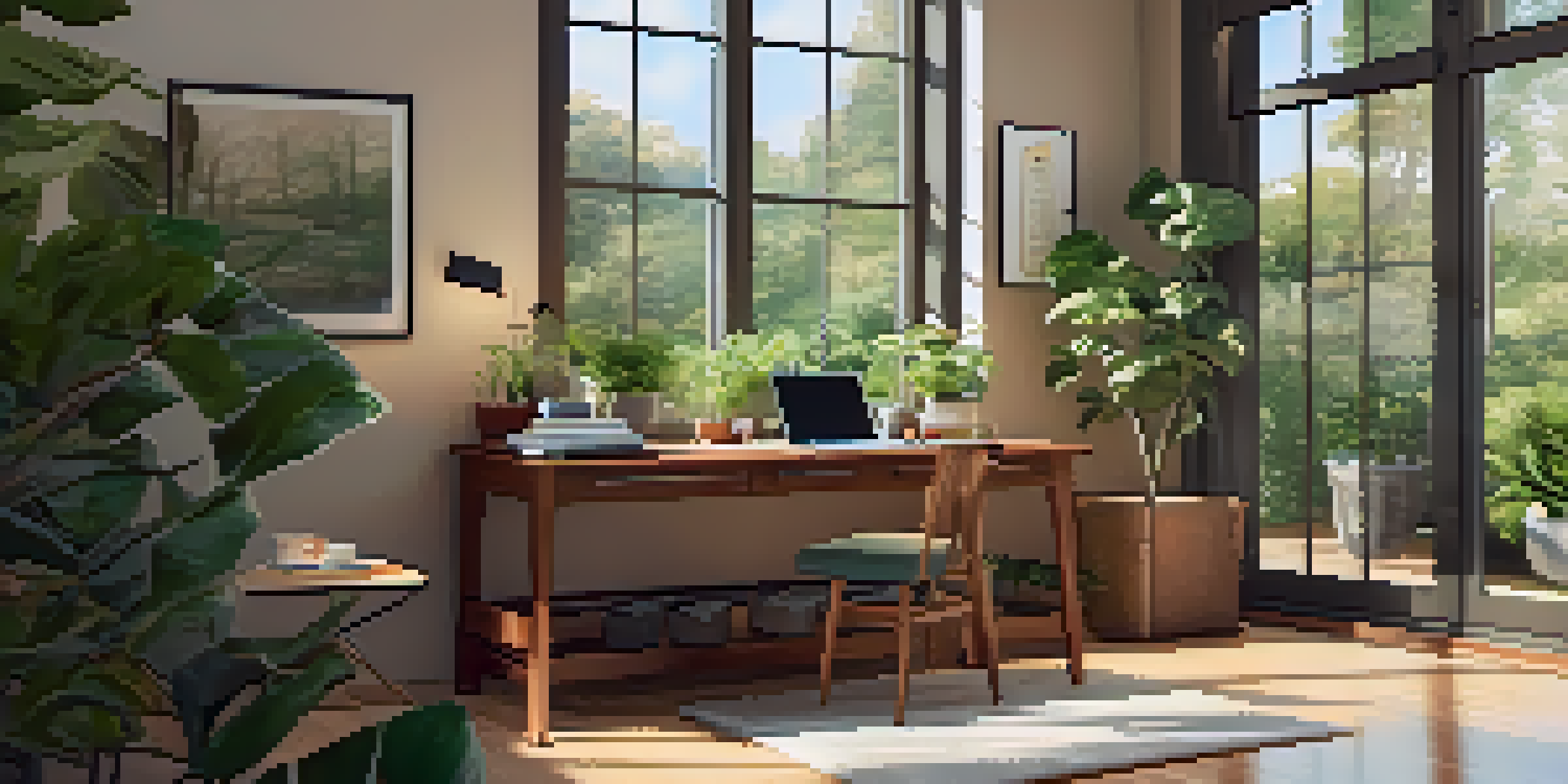 A bright and serene study area with a desk, laptop, notebooks, and a cup of coffee, surrounded by plants and a view of a garden.
