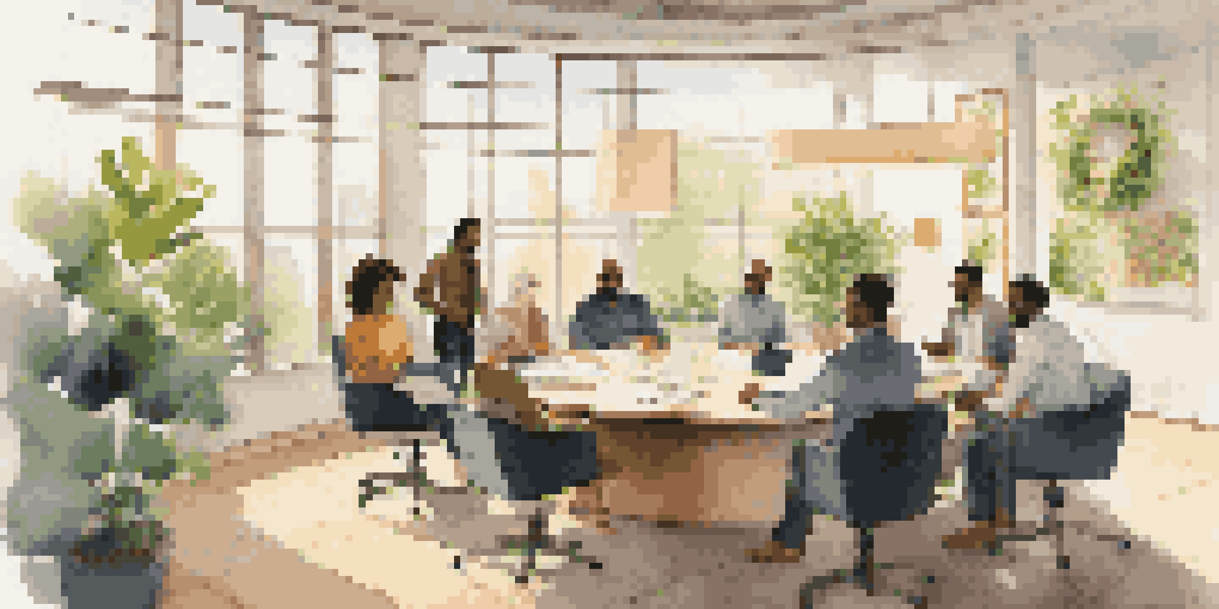 A diverse group of professionals brainstorming in a bright, plant-filled office with natural light.