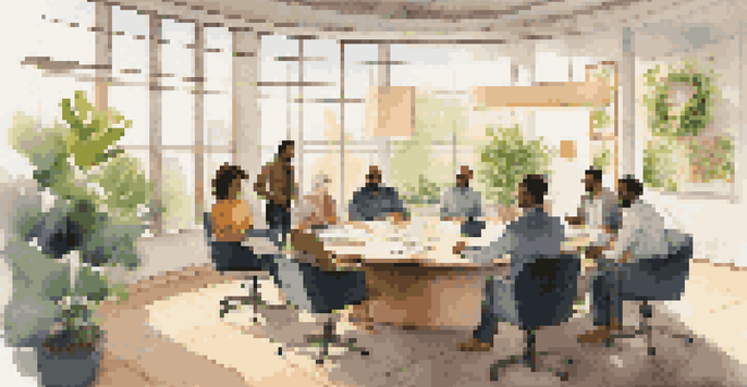 A diverse group of professionals brainstorming in a bright, plant-filled office with natural light.