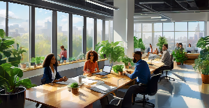 A diverse group of employees in a modern office engaged in a vibrant discussion, with natural light and indoor plants around them.