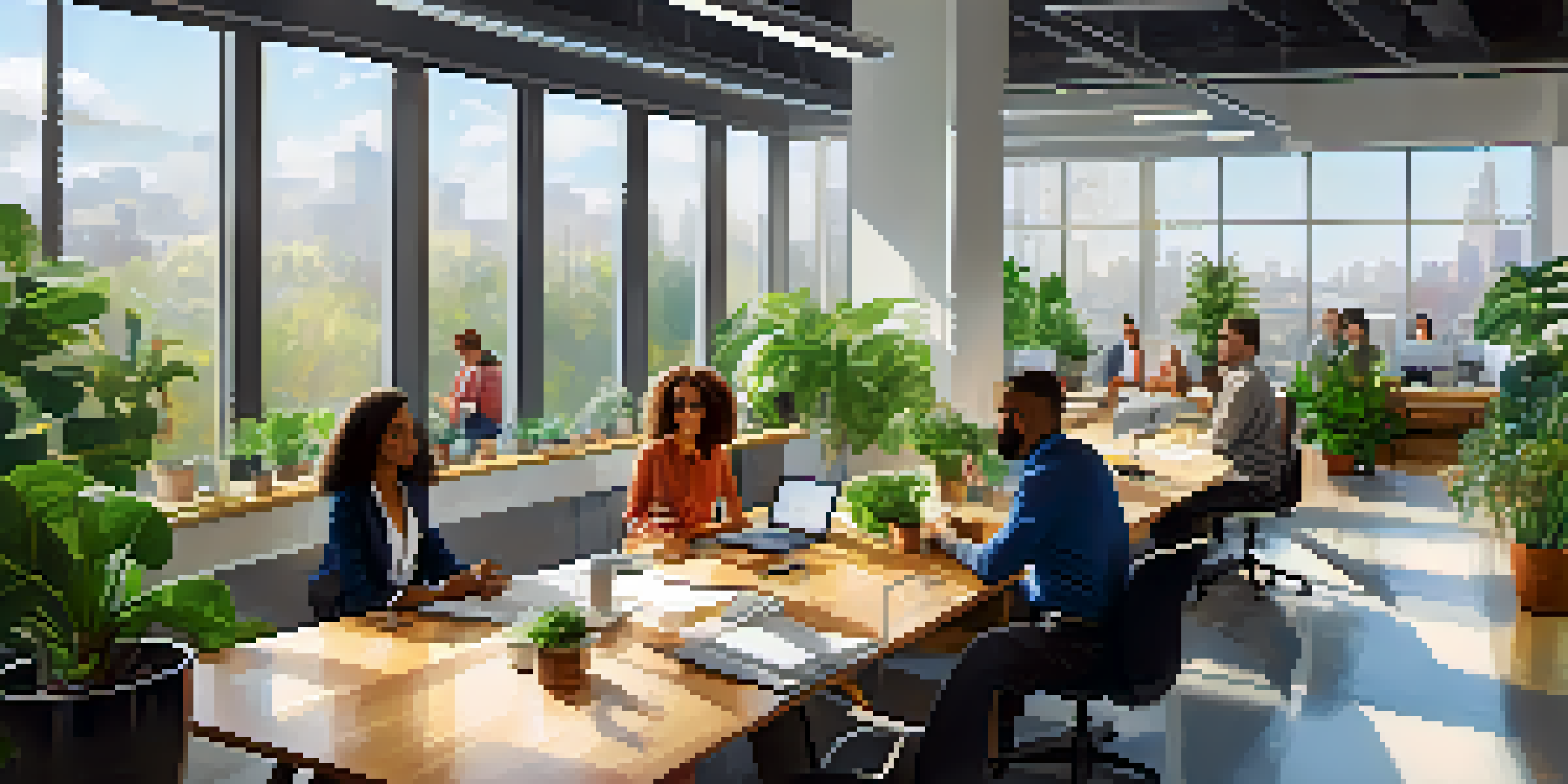 A diverse group of employees in a modern office engaged in a vibrant discussion, with natural light and indoor plants around them.