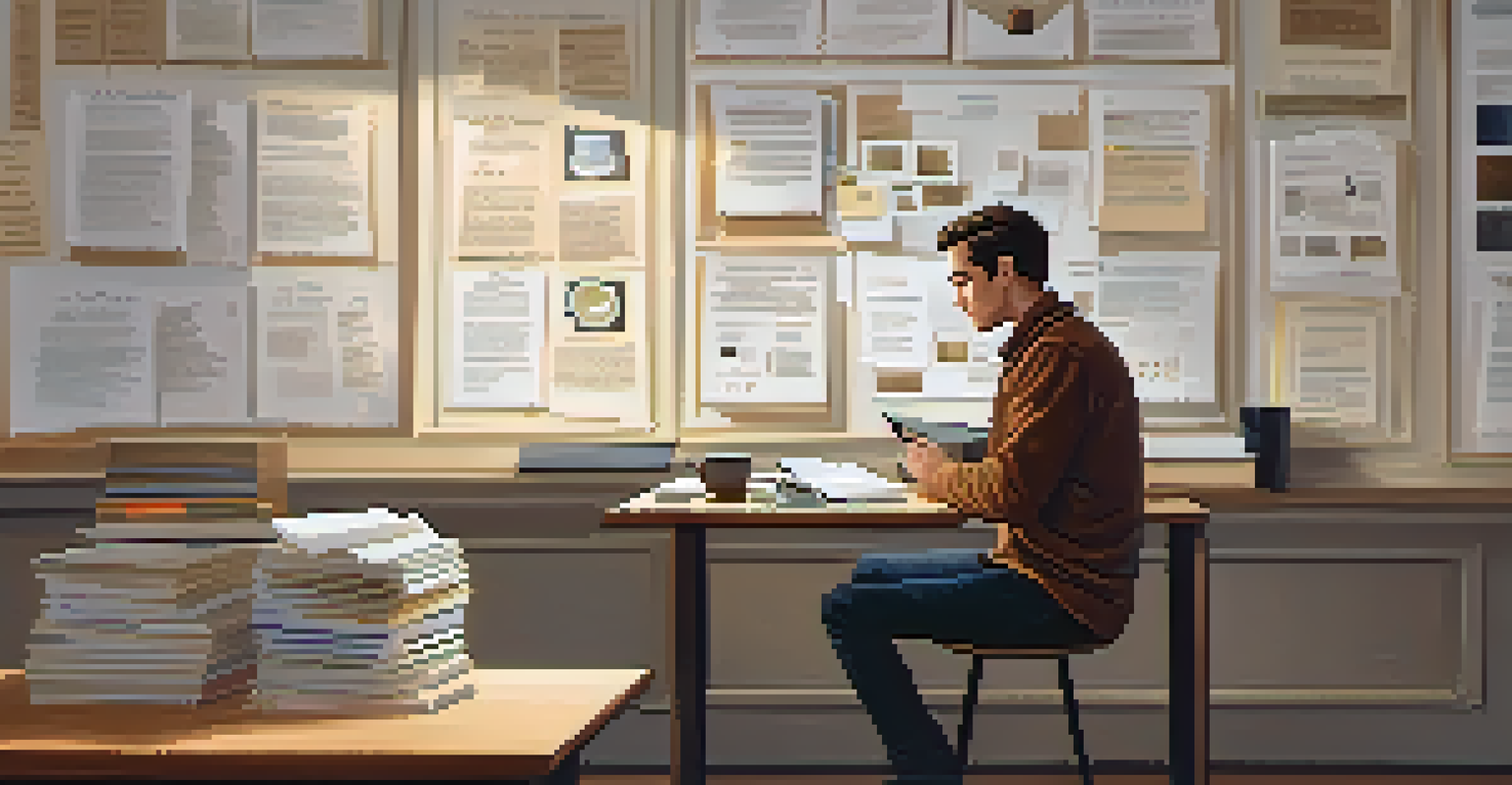 A person reviewing job descriptions on a tablet at a desk, with notebooks and a coffee cup in a cozy workspace.