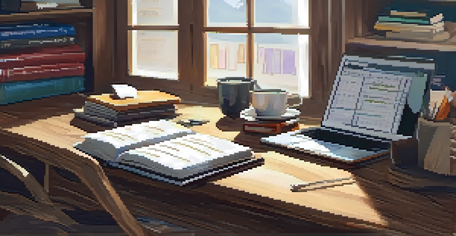 A well-organized workspace with books, a laptop, and a calendar, showcasing time management techniques, illuminated by natural light.