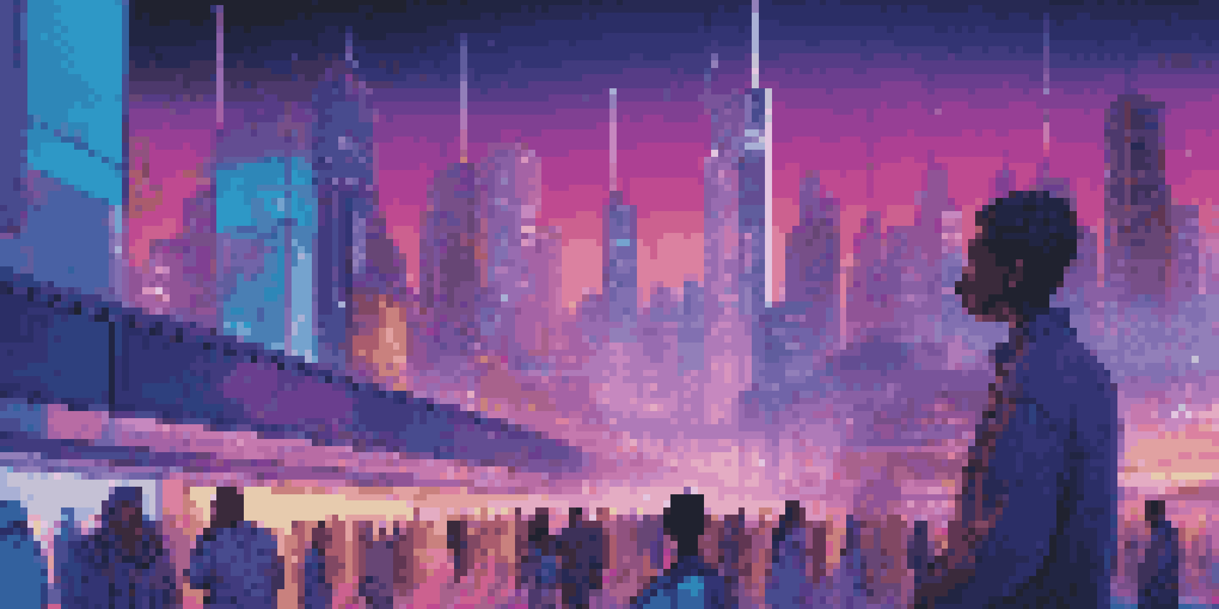 A futuristic city with neon lights and diverse people using holographic technology at dusk.