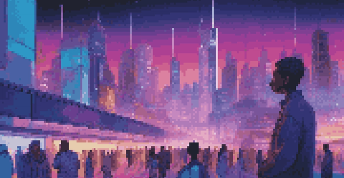 A futuristic city with neon lights and diverse people using holographic technology at dusk.