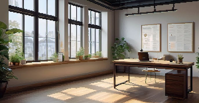 An inviting office space with natural light, a wooden desk with a laptop, notepad, and coffee, decorated with plants and motivational quotes.