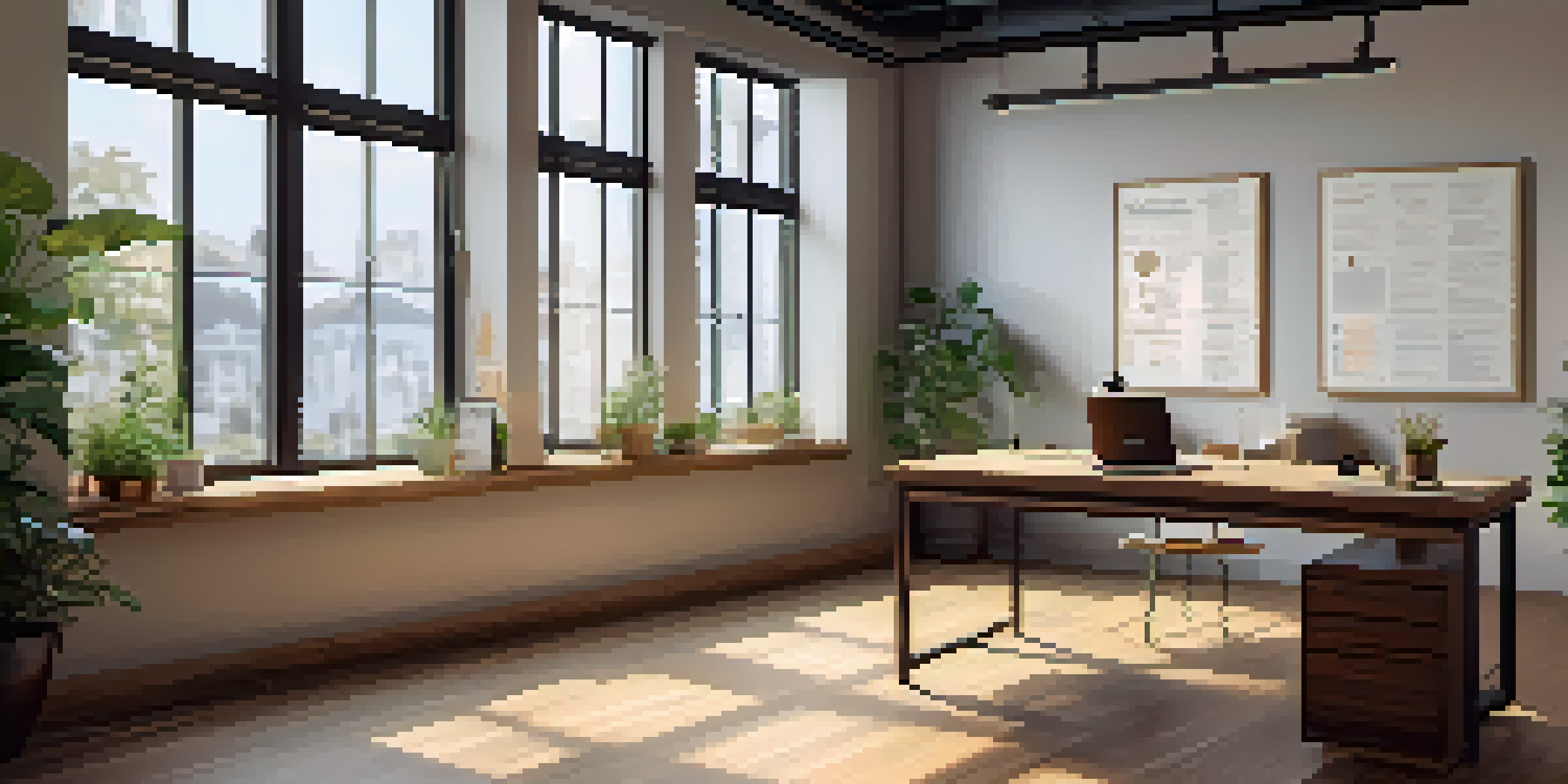 An inviting office space with natural light, a wooden desk with a laptop, notepad, and coffee, decorated with plants and motivational quotes.