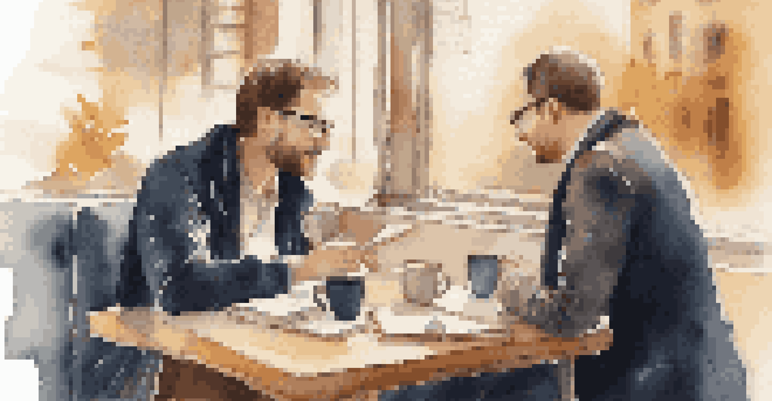 Close-up of two professionals in a café discussing and taking notes while networking over coffee.