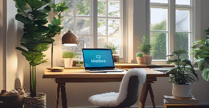 A modern workspace with a desk, laptop, coffee cup, and notepad, illuminated by natural light from a window.