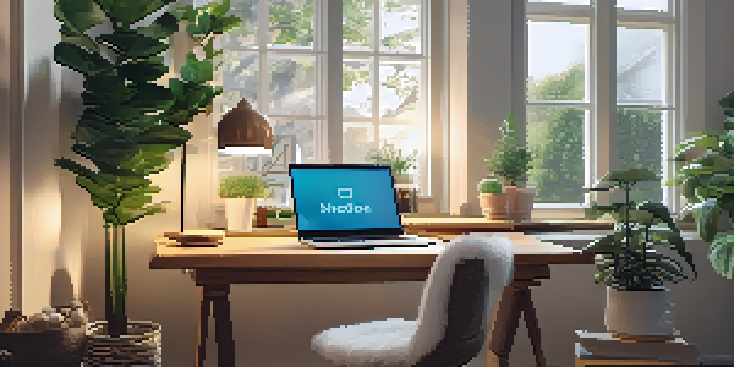 A modern workspace with a desk, laptop, coffee cup, and notepad, illuminated by natural light from a window.