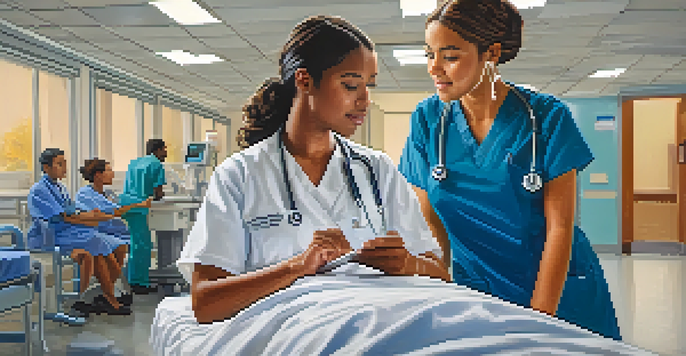 A college student observing a registered nurse in a hospital, taking notes on patient care.