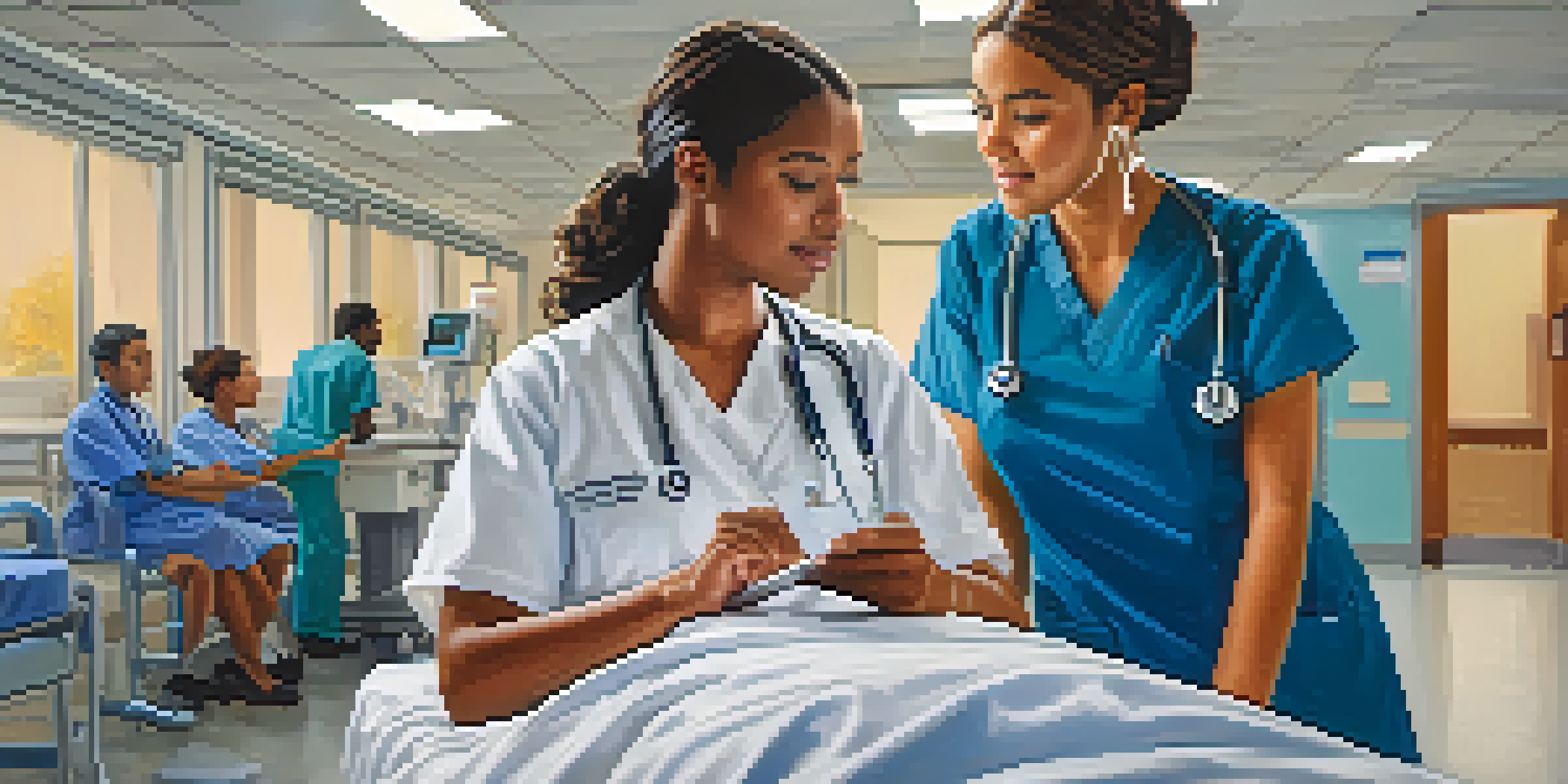 A college student observing a registered nurse in a hospital, taking notes on patient care.