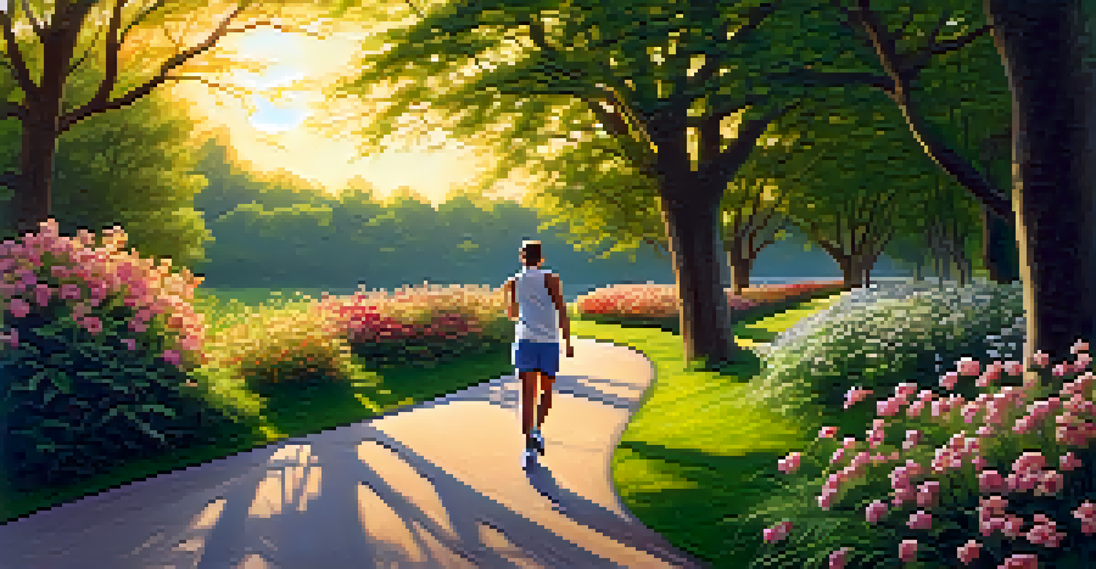 A person jogging in a scenic park at sunset, surrounded by lush greenery and colorful flowers.