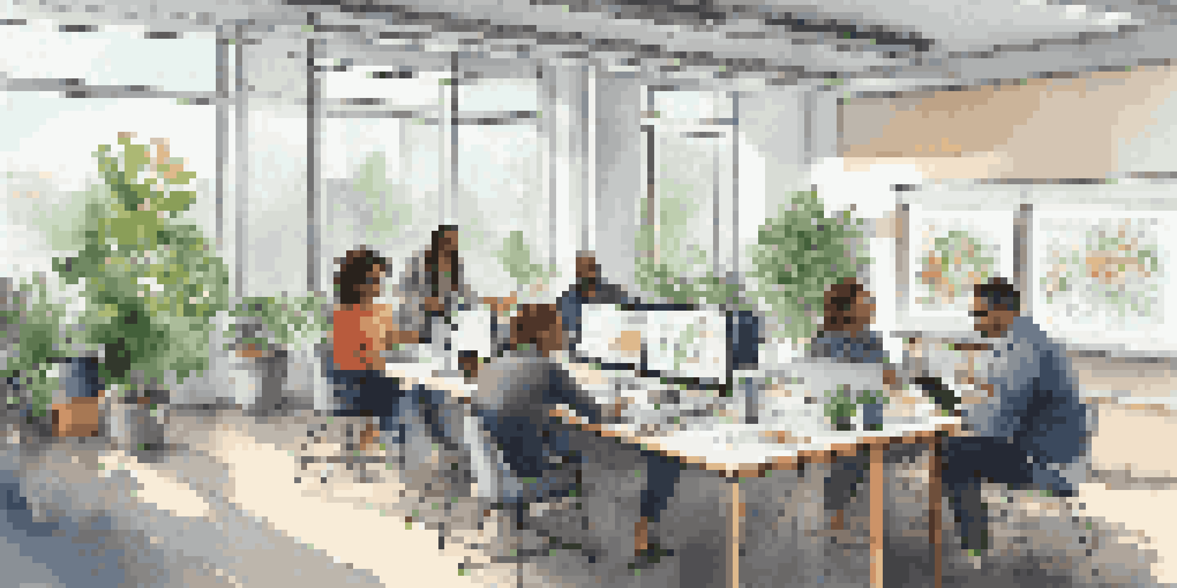 A bright office with employees collaborating on a learning project, surrounded by plants and a whiteboard.
