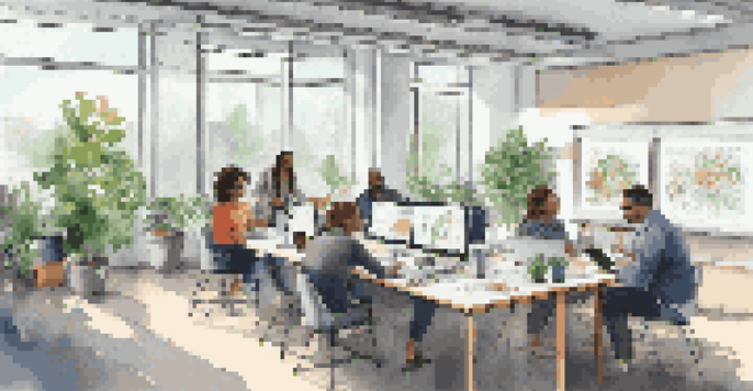 A bright office with employees collaborating on a learning project, surrounded by plants and a whiteboard.