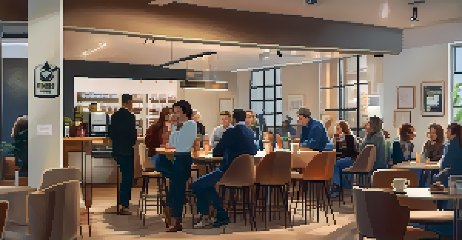 A cozy coffee corner at a networking event with people chatting in the background.