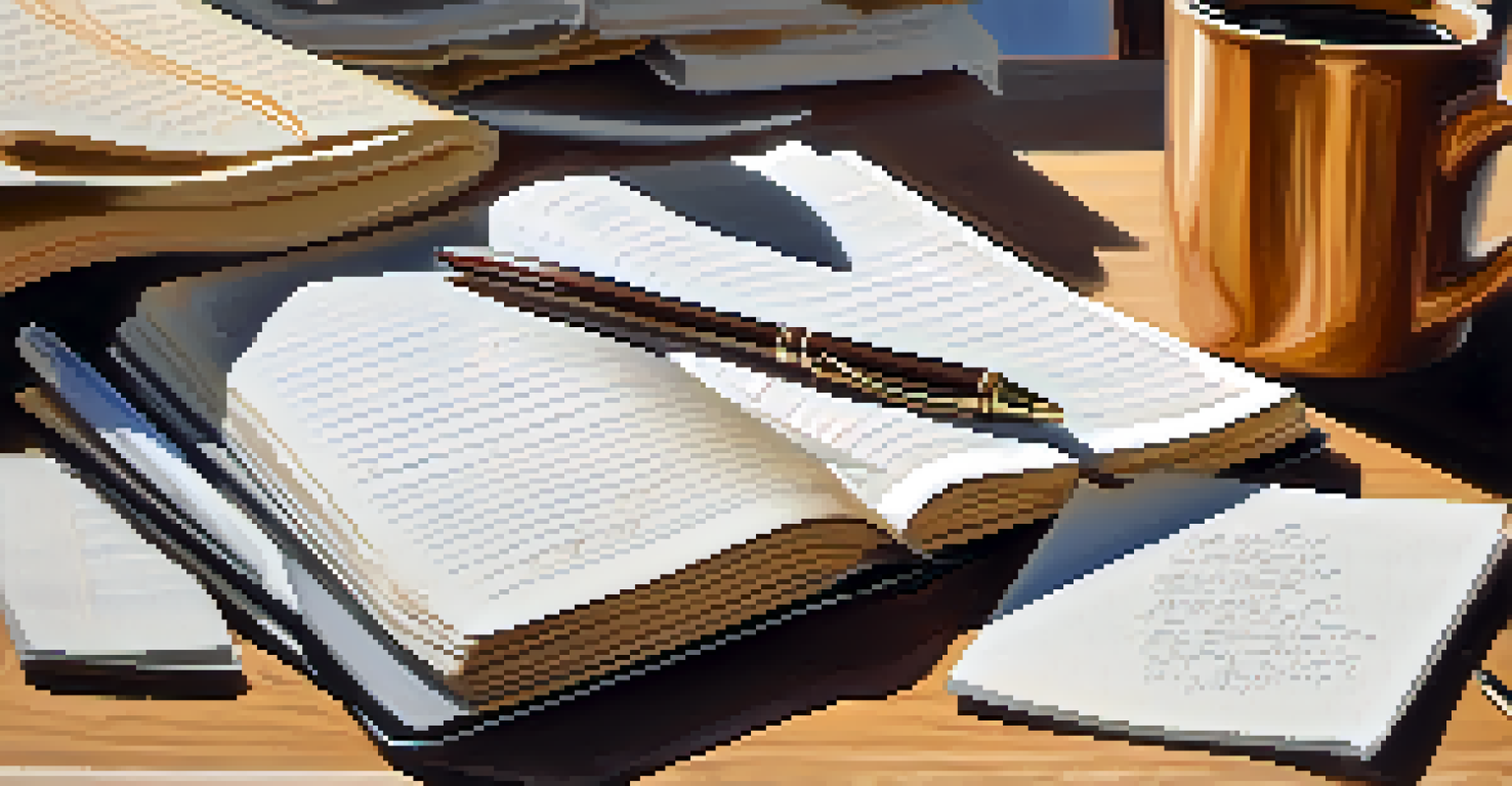 An open reflective journal with handwritten notes and a pen, accompanied by a cup of coffee in a softly lit setting.