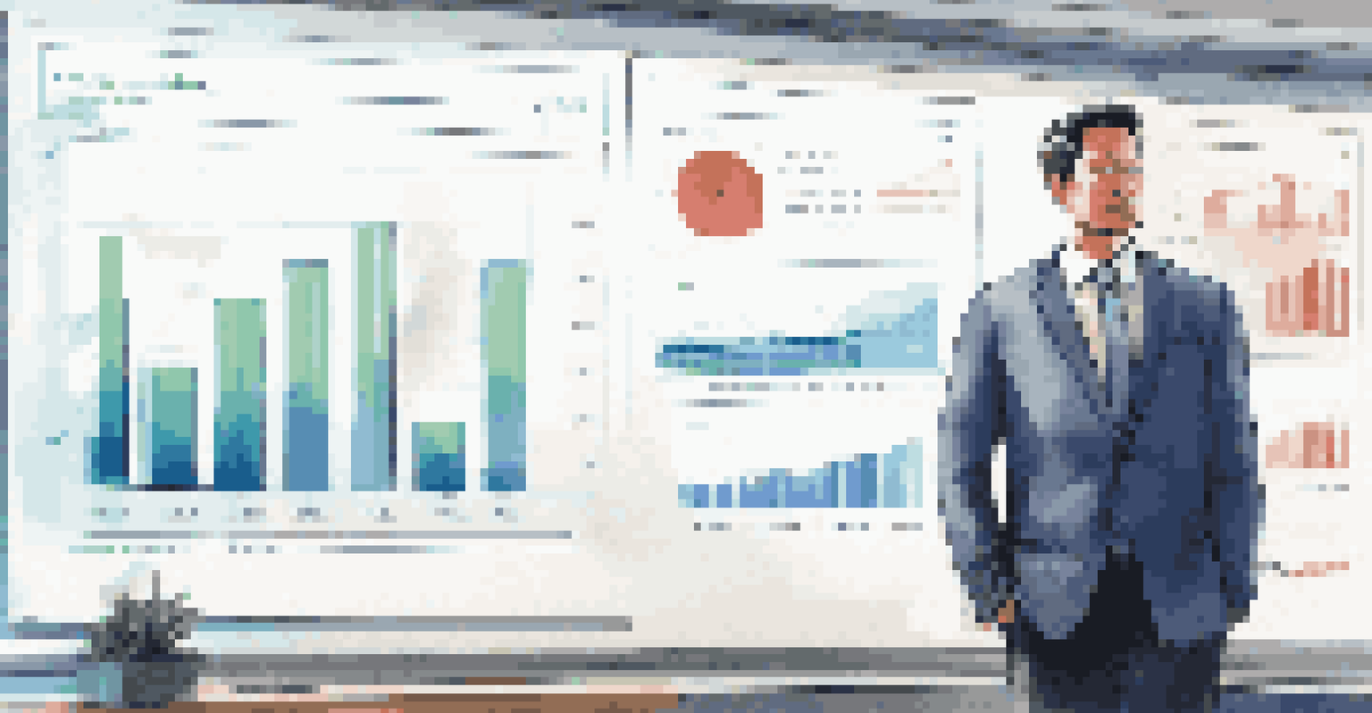An individual in business casual attire presenting confidently in front of a screen showing global market statistics.