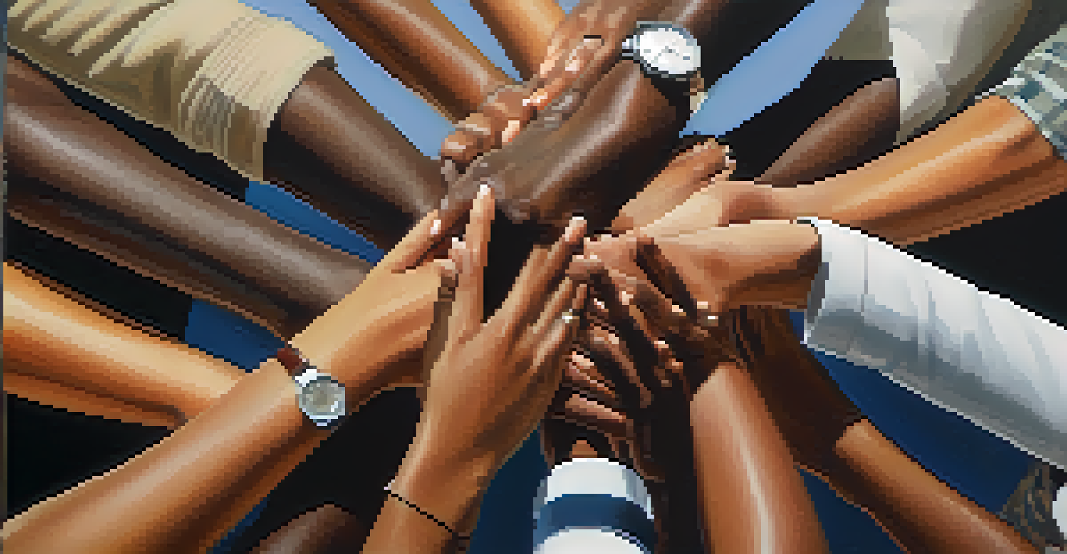 Close-up of diverse hands from different ethnic backgrounds joining in a gesture of unity in a corporate office setting.