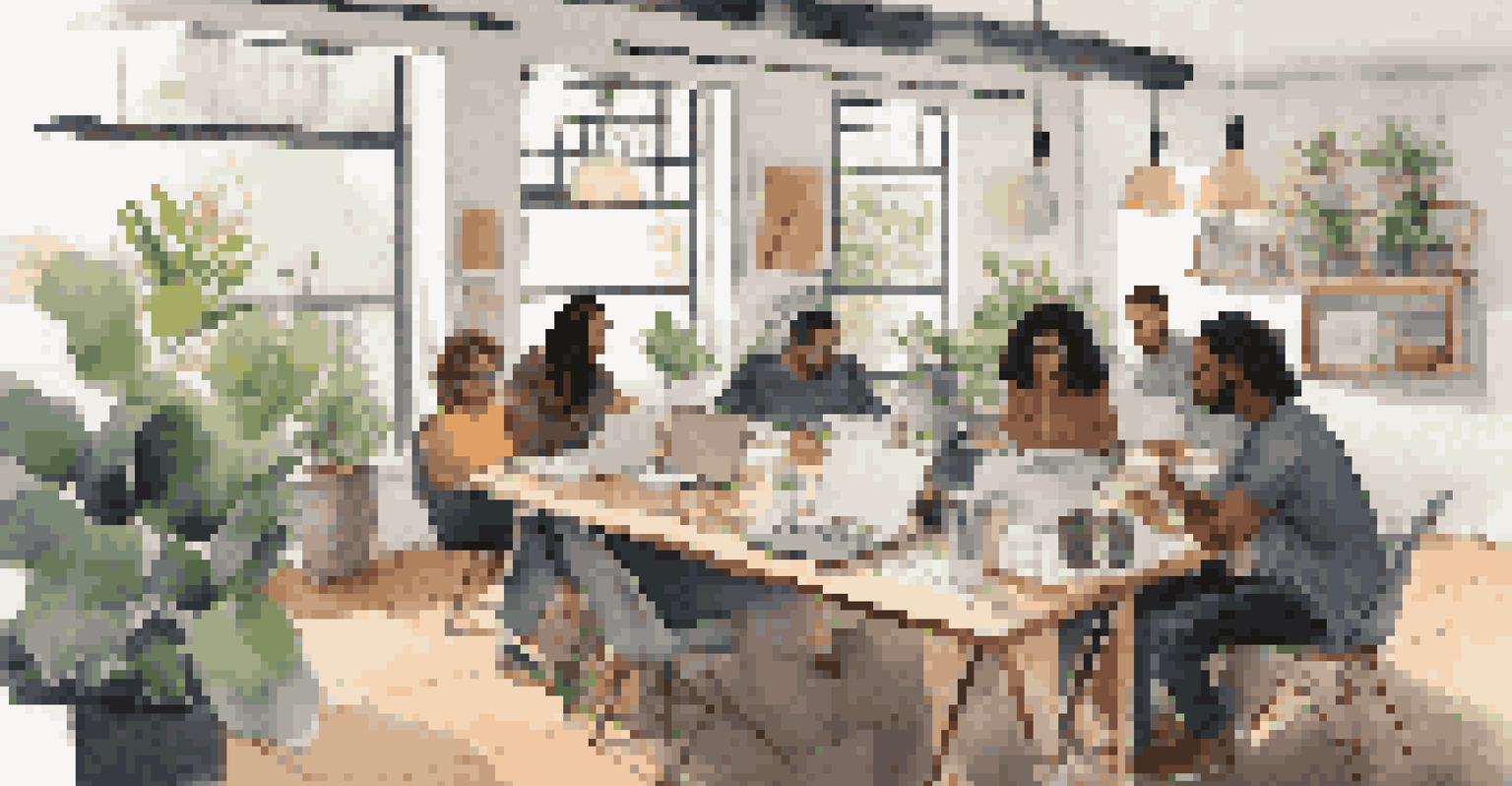 A diverse group of freelancers working together in a bright, creative workspace filled with art and plants.
