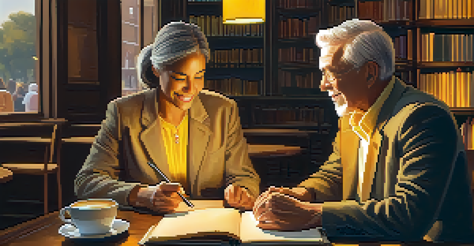 A mentor sharing wisdom with a mentee in a cozy café setting filled with books.