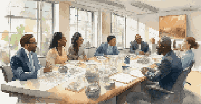 A diverse group of professionals having a discussion in a well-lit conference room, showcasing expressions of engagement and cultural artifacts in the background.