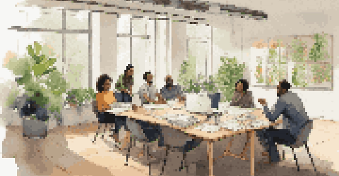 A diverse group of colleagues collaborating in a bright, modern office environment during a brainstorming session.