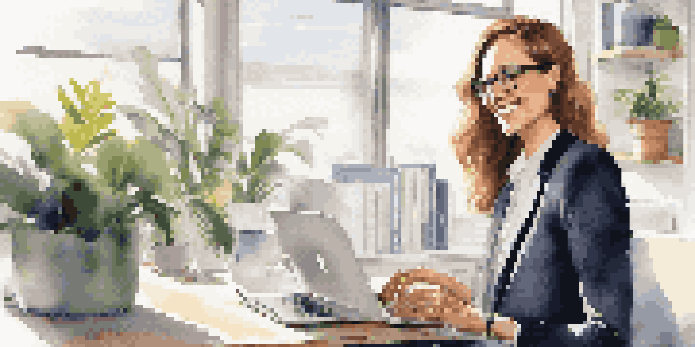 A professional woman in a modern office engaging on social media with a laptop, surrounded by plants and motivational quotes.