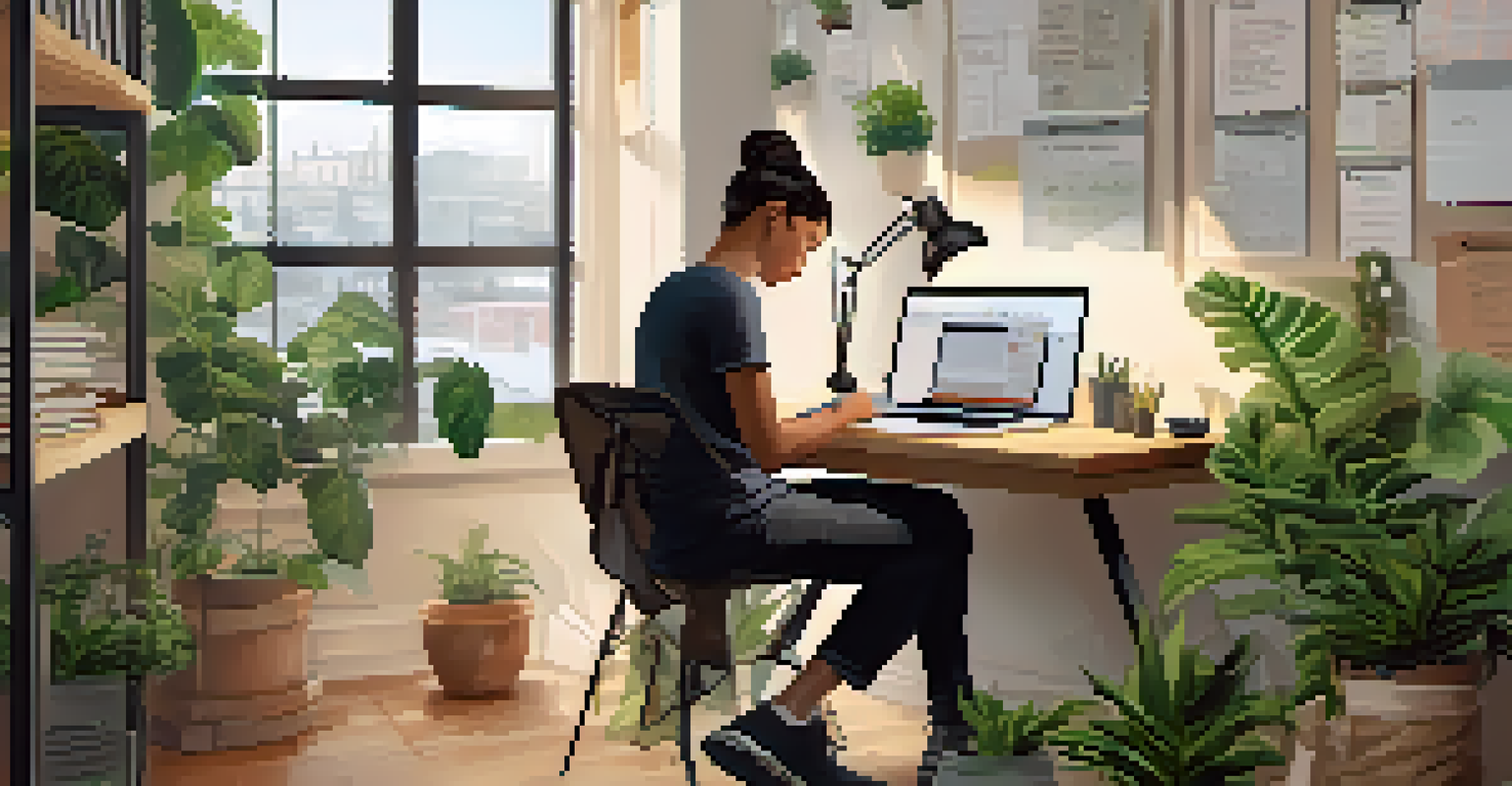 An individual focused on their laptop at a tidy desk with plants and motivational quotes, creating an inspiring workspace.