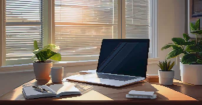 A modern home office with a laptop, plants, and warm natural lighting.
