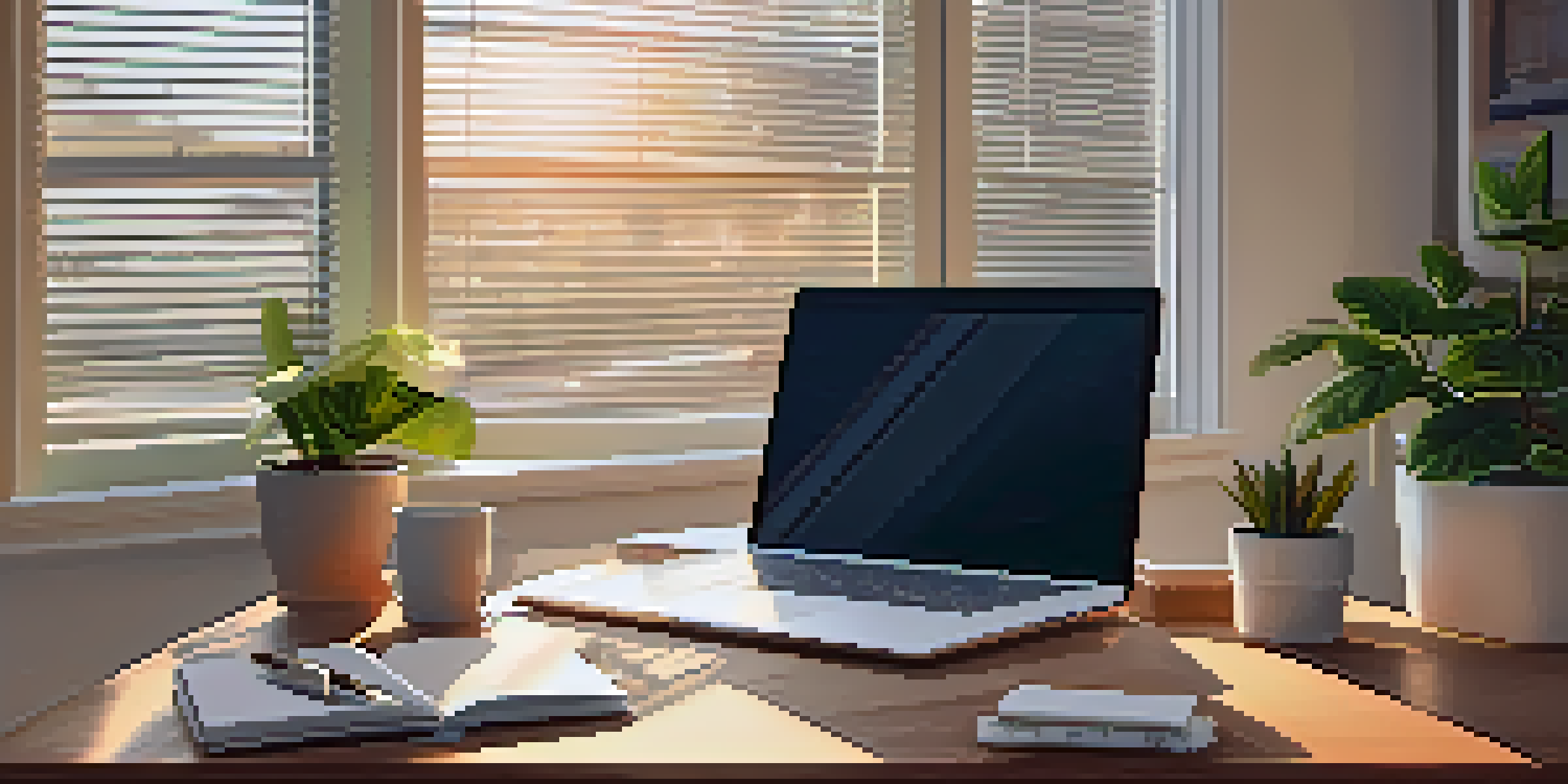 A modern home office with a laptop, plants, and warm natural lighting.