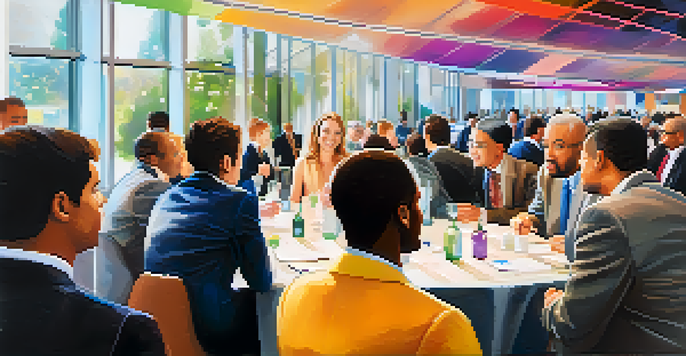 A lively networking event with diverse professionals engaged in conversations in a modern conference hall.