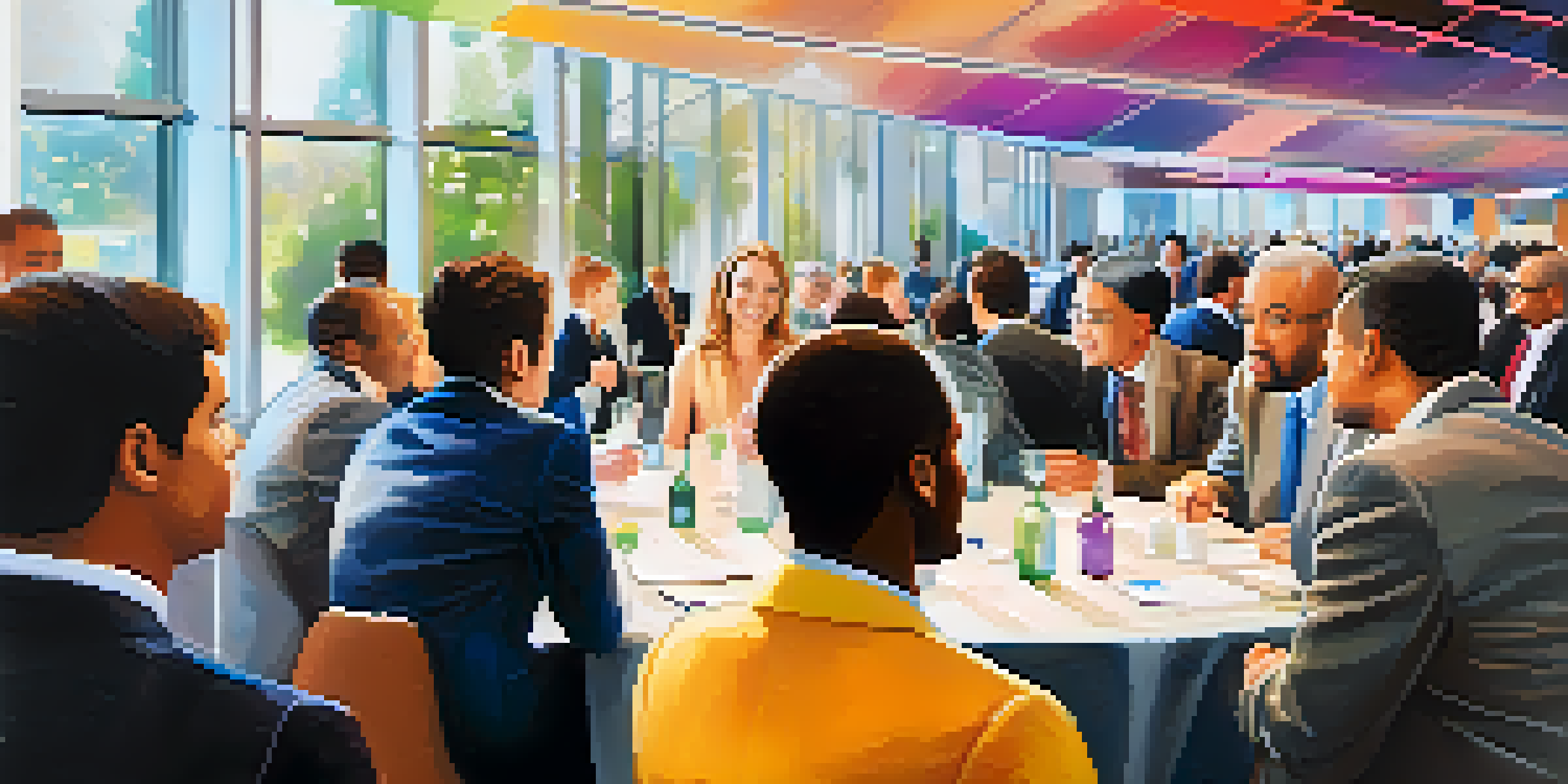 A lively networking event with diverse professionals engaged in conversations in a modern conference hall.