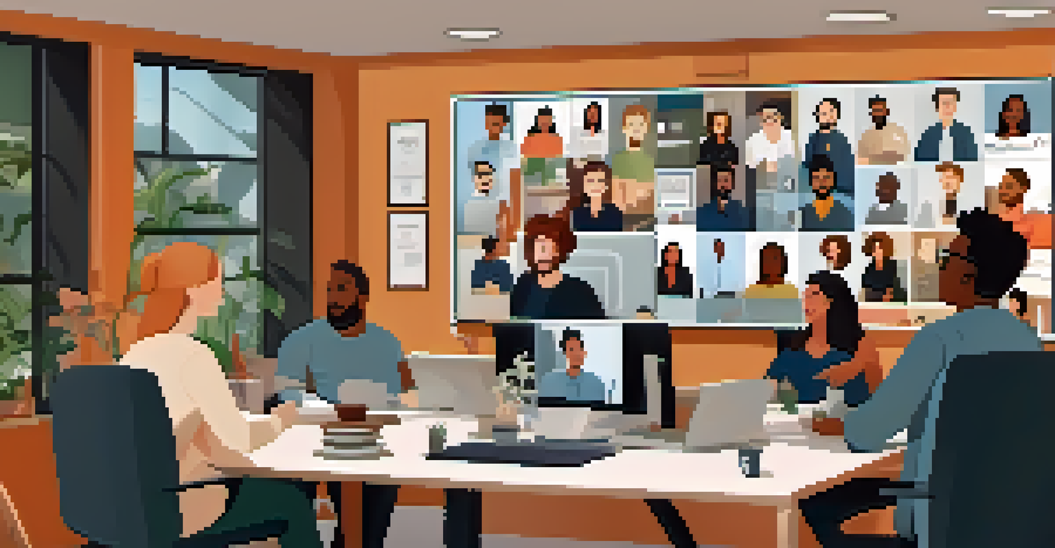 A diverse group of people on a video call, each in their home office, with a large screen showing them together.